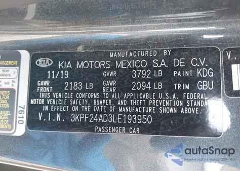 2020 Kia Forte Lxs from USA, damaged, VIN 3KPF24AD3LE193950